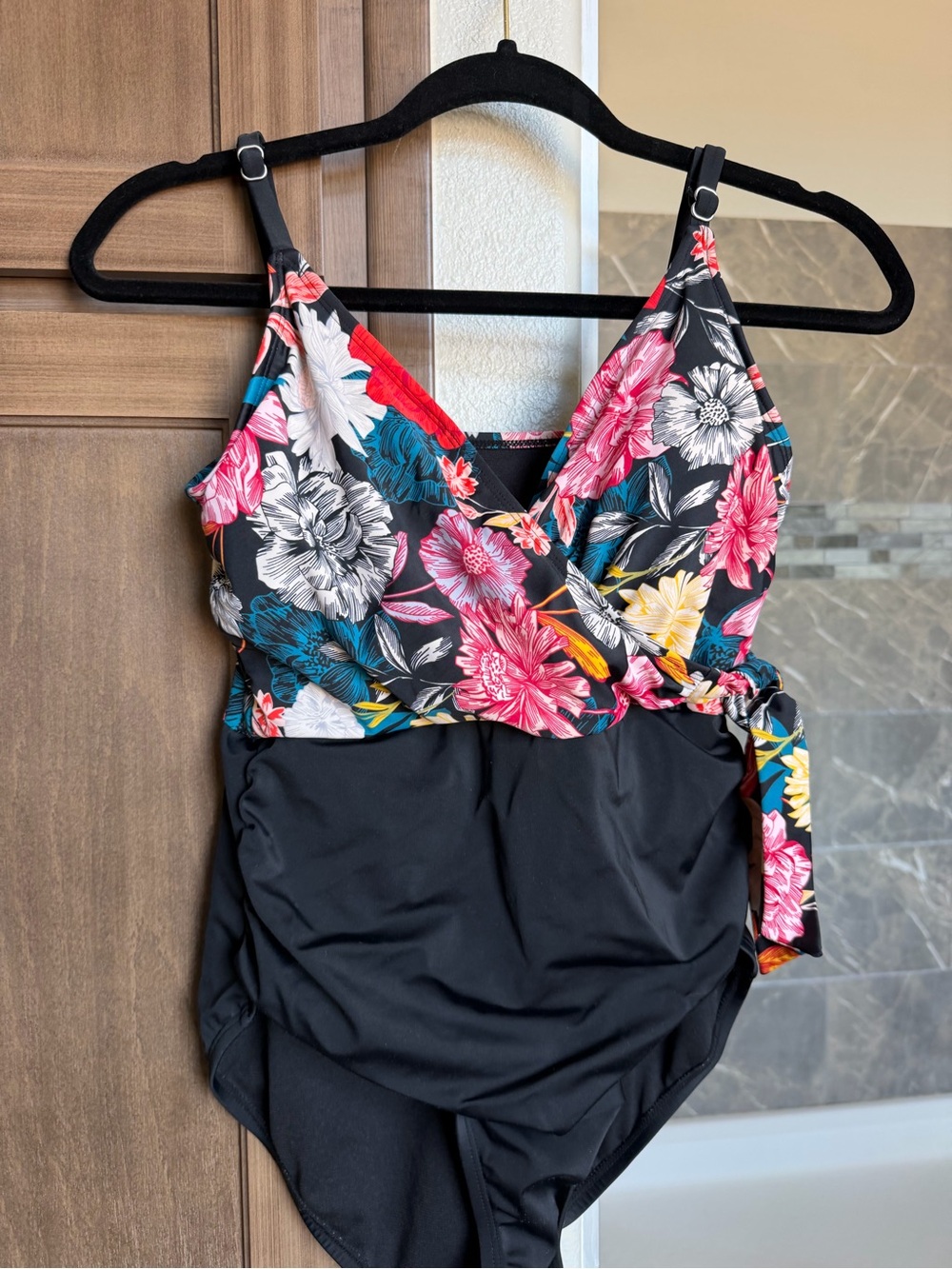 Women’s Floral Black One-Piece Swimsuit - Pink, Teal & Yellow Accent sz lrg